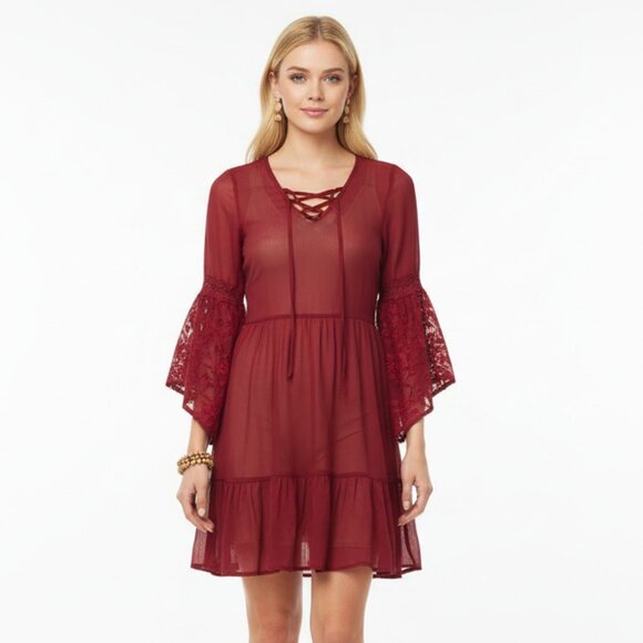 Band Of Gypsies Red 3/4 Poet Sleeve Sheer Tie Bodice Mini Dress XS - Picture 1 of 6